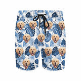 Custom Face Dark Blue Palm Leaves Men's Mid-Length Swim Shorts - White