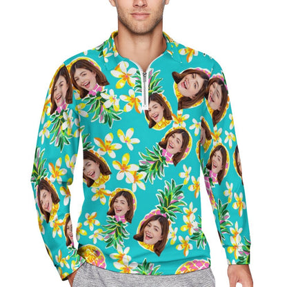 Custom Face Pineapple & Floral Pattern Men's Long Sleeve Quarter Zip Sports Golf Polo Shirt