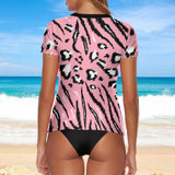 Custom Face Black Animal Pattern Women's Short Sleeve Crop Top Rash Guard Tankini Swimsuit Set