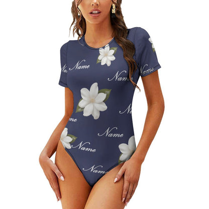 Custom Name White Flower Women's Regular Crew Neck Short Sleeve T-Shirt Bodysuit