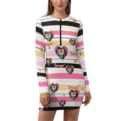 Custom Photo Stripes Women's Quarter Zip Long Sleeve Hip Covering Waist Short Dress