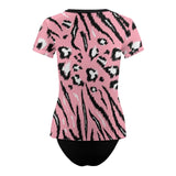 Custom Face Black Animal Pattern Women's Short Sleeve Crop Top Rash Guard Tankini Swimsuit Set