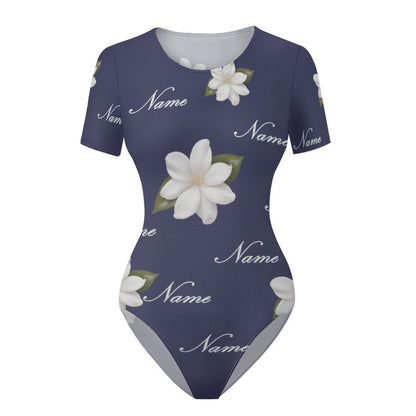 Custom Name White Flower Women's Regular Crew Neck Short Sleeve T-Shirt Bodysuit