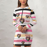 Custom Photo Stripes Women's Quarter Zip Long Sleeve Hip Covering Waist Short Dress