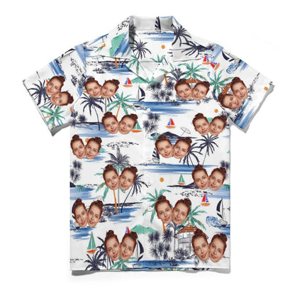 Custom Face Watercolor Beach White Men's Lapel Shirt Cuban Collar Hawaiian Shirt