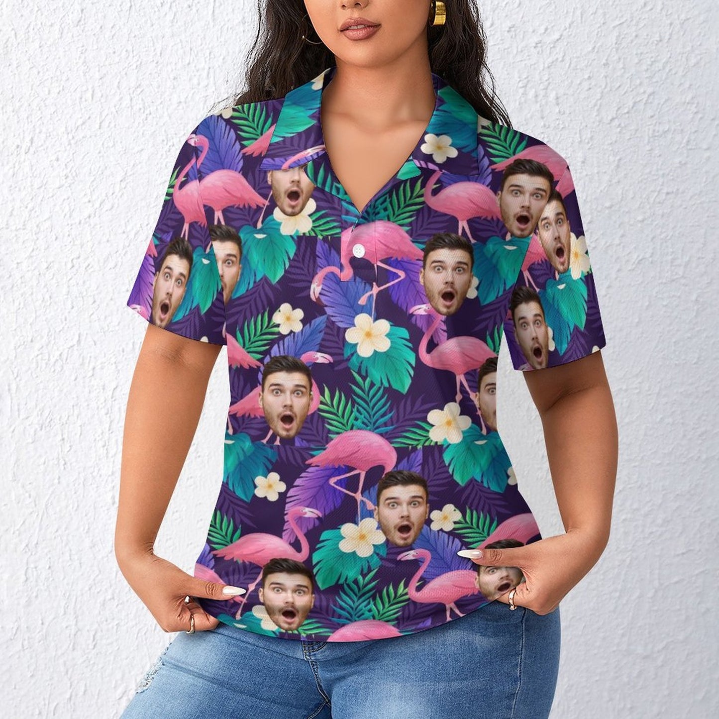 Custom Face Pink Flamingo Pattern Women's Straight Golf Polo Shirt