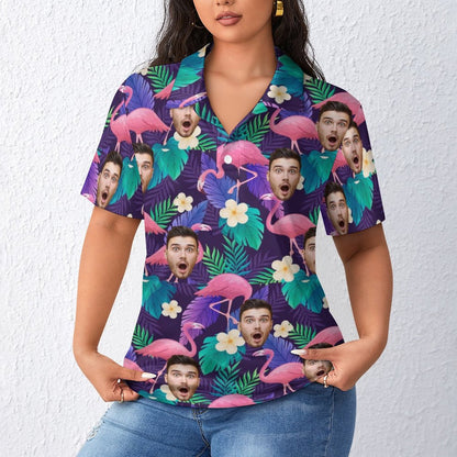 Custom Face Pink Flamingo Pattern Women's Straight Golf Polo Shirt