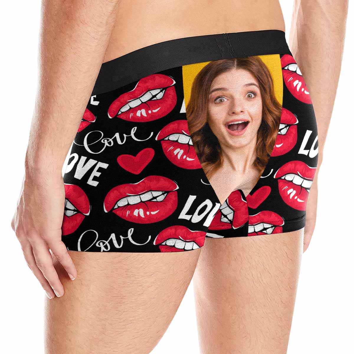 Custom Girlfriend Face Biting Lips Pattern Men's All Over Print Boxer Briefs Personalized Love Heart Underwear