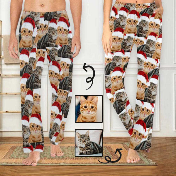 Custom Face Pet Cat Christmas Red Hat Sleepwear Personalized Women's&Men's Slumber Party Long Pajama Pants