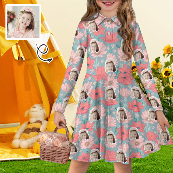 Custom Face Blooming Flowers Children's Long Sleeved Polo Shirt Dress