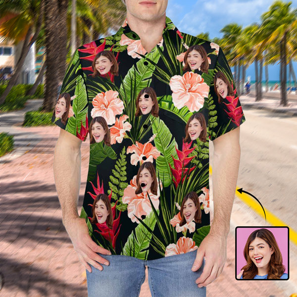 Custom Face Tropical Plant Pattern Men's Crinkle Thin Hawaiian Shirt