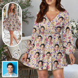 Custom Face Colorful Flowers Women's Deep V Neck Long Sleeve Tunic Loose Short Dress