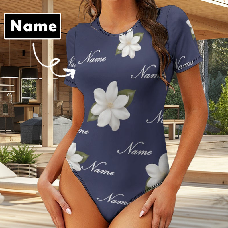 Custom Name White Flower Women's Regular Crew Neck Short Sleeve T-Shirt Bodysuit