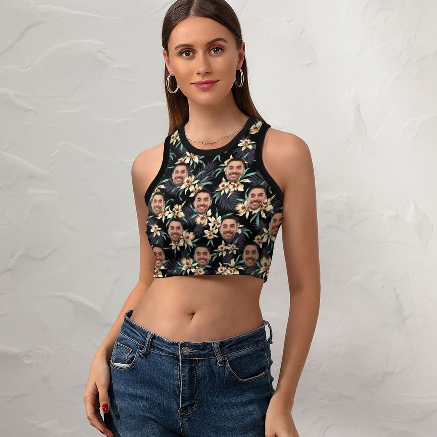 Custom Face Flower Print Women's Crop Top Tank Top - Black