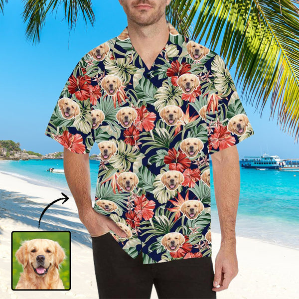 Custom Face Flower Leaves Men's All Over Print Hawaiian Shirt - Deep Bule