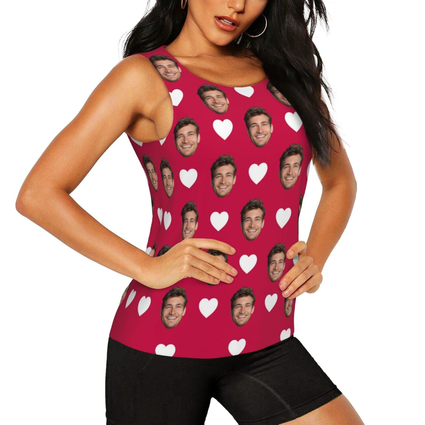 Custom Face Love Heart Red Background Women's Workout Tank Top