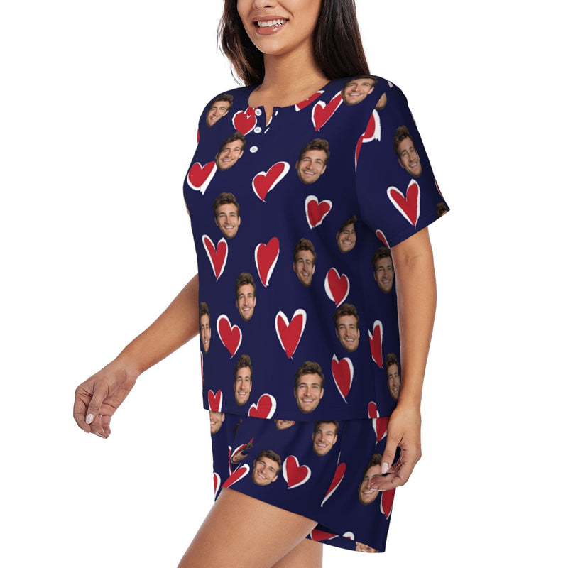 Custom Face Love Heart Women's Casual Pajama Set with Short-sleeved Top and Drawstring Shorts