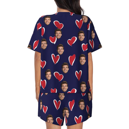 Custom Face Love Heart Women's Casual Pajama Set with Short-sleeved Top and Drawstring Shorts