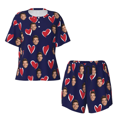 Custom Face Love Heart Women's Casual Pajama Set with Short-sleeved Top and Drawstring Shorts