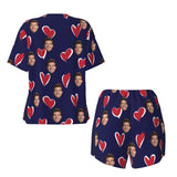 Custom Face Love Heart Women's Casual Pajama Set with Short-sleeved Top and Drawstring Shorts