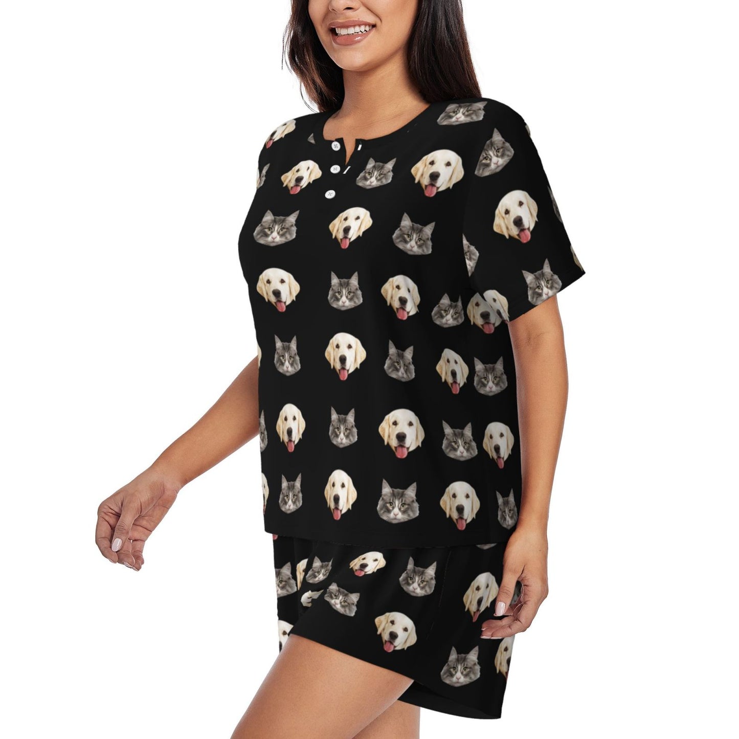 Custom Pets Face Dog and Cat Women's Casual Pajama Set with Short-sleeved Top and Drawstring Shorts