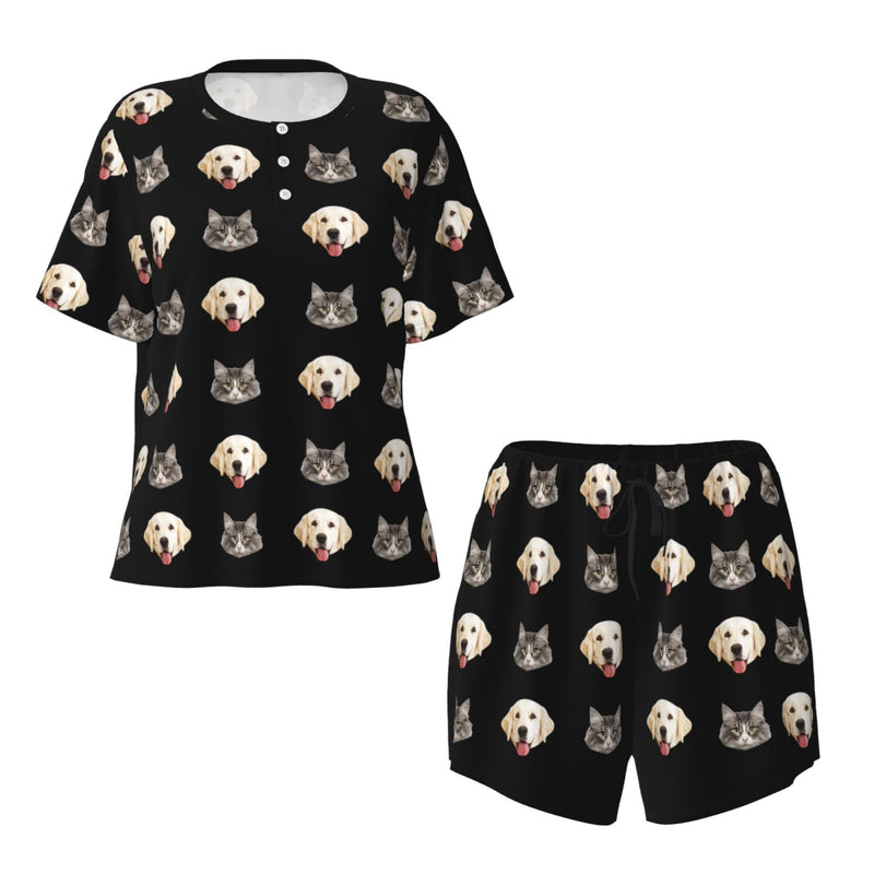 Custom Pets Face Dog and Cat Women's Casual Pajama Set with Short-sleeved Top and Drawstring Shorts