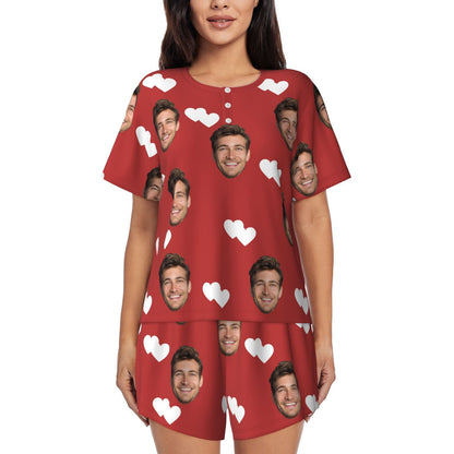 Custom Face Double Love Heart Women's Casual Pajama Set with Short-sleeved Top and Drawstring Shorts