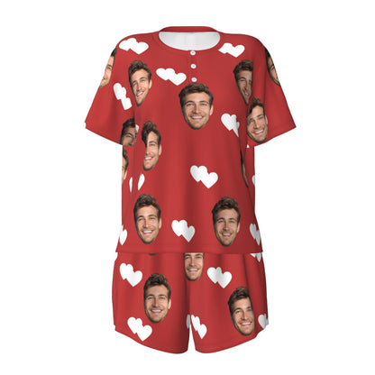 Custom Face Double Love Heart Women's Casual Pajama Set with Short-sleeved Top and Drawstring Shorts