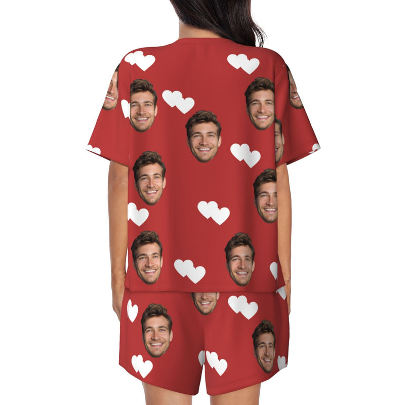 Custom Face Double Love Heart Women's Casual Pajama Set with Short-sleeved Top and Drawstring Shorts