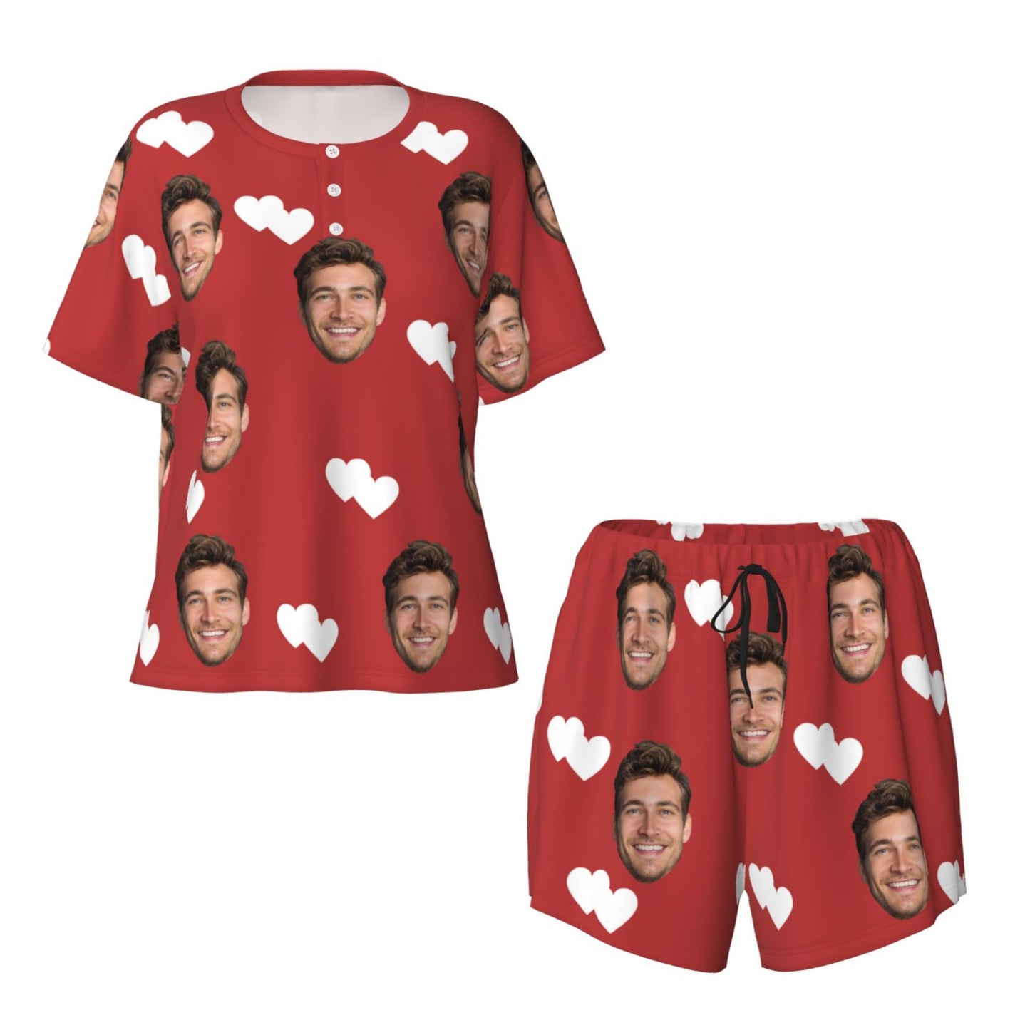 Custom Face Double Love Heart Women's Casual Pajama Set with Short-sleeved Top and Drawstring Shorts