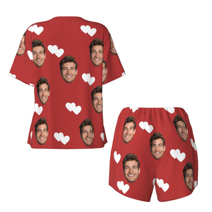 Custom Face Double Love Heart Women's Casual Pajama Set with Short-sleeved Top and Drawstring Shorts