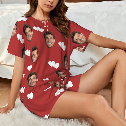 Custom Face Double Love Heart Women's Casual Pajama Set with Short-sleeved Top and Drawstring Shorts