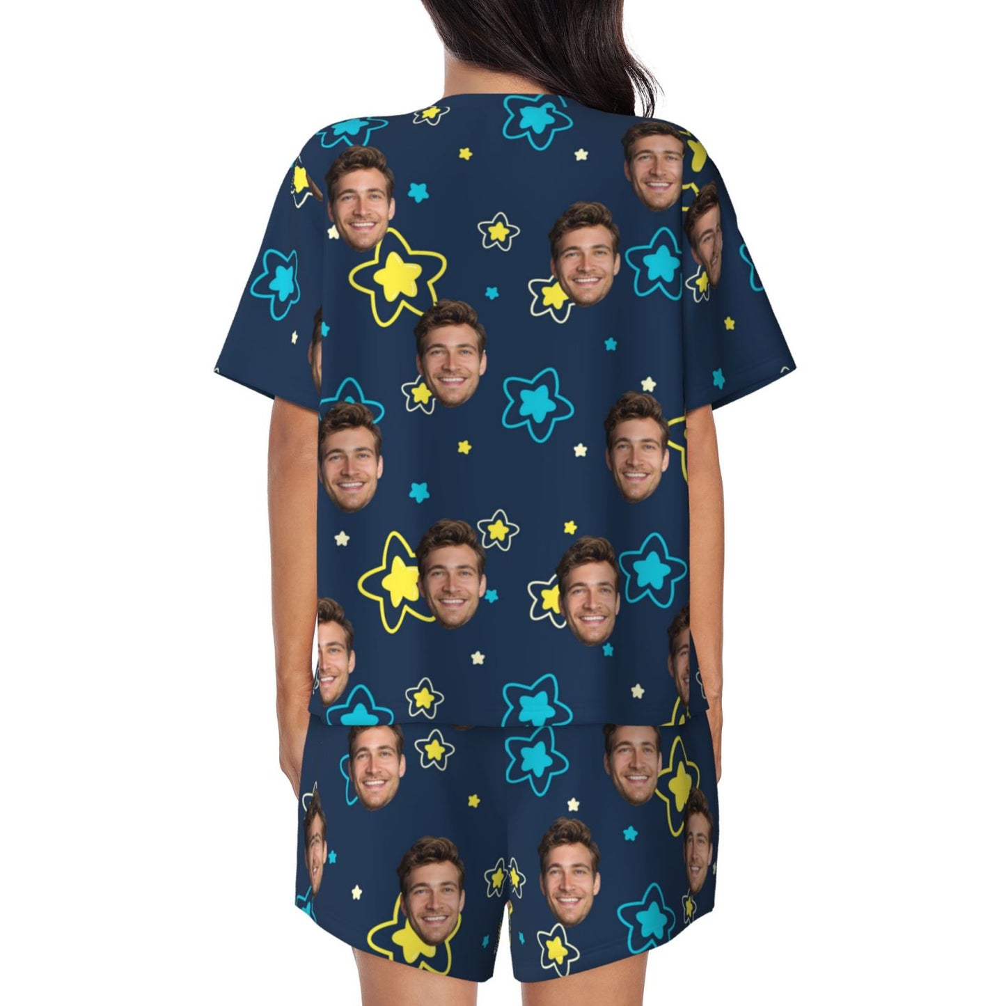 Custom Face Blue Star Pattern Women's Casual Pajama Set with Short-sleeved Top and Drawstring Shorts