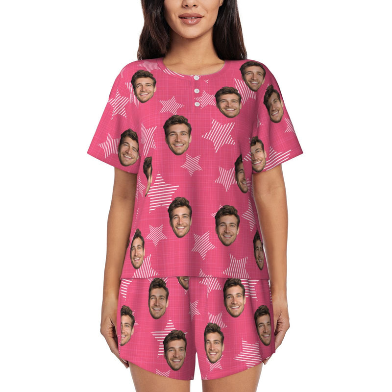 Custom Face Pink Star Pattern Women's Casual Pajama Set with Short-sleeved Top and Drawstring Shorts