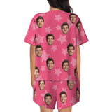 Custom Face Pink Star Pattern Women's Casual Pajama Set with Short-sleeved Top and Drawstring Shorts