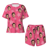 Custom Face Pink Star Pattern Women's Casual Pajama Set with Short-sleeved Top and Drawstring Shorts