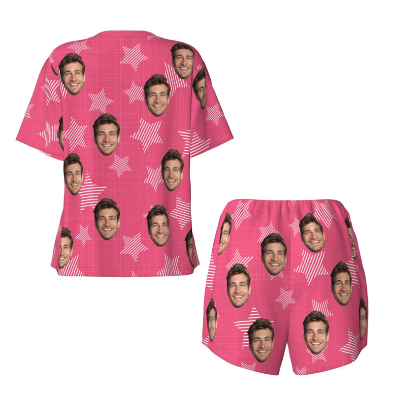 Custom Face Pink Star Pattern Women's Casual Pajama Set with Short-sleeved Top and Drawstring Shorts