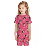 Custom Face Pink Star Pattern Women's Casual Pajama Set with Short-sleeved Top and Drawstring Shorts