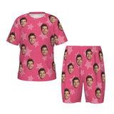 Custom Face Pink Star Pattern Women's Casual Pajama Set with Short-sleeved Top and Drawstring Shorts