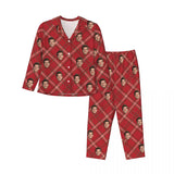 Custom Face Plaid Stripe Pattern Long Sleeve Cardigan Pajama Set - Red