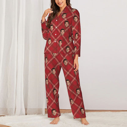 Custom Face Plaid Stripe Pattern Long Sleeve Cardigan Pajama Set - Red