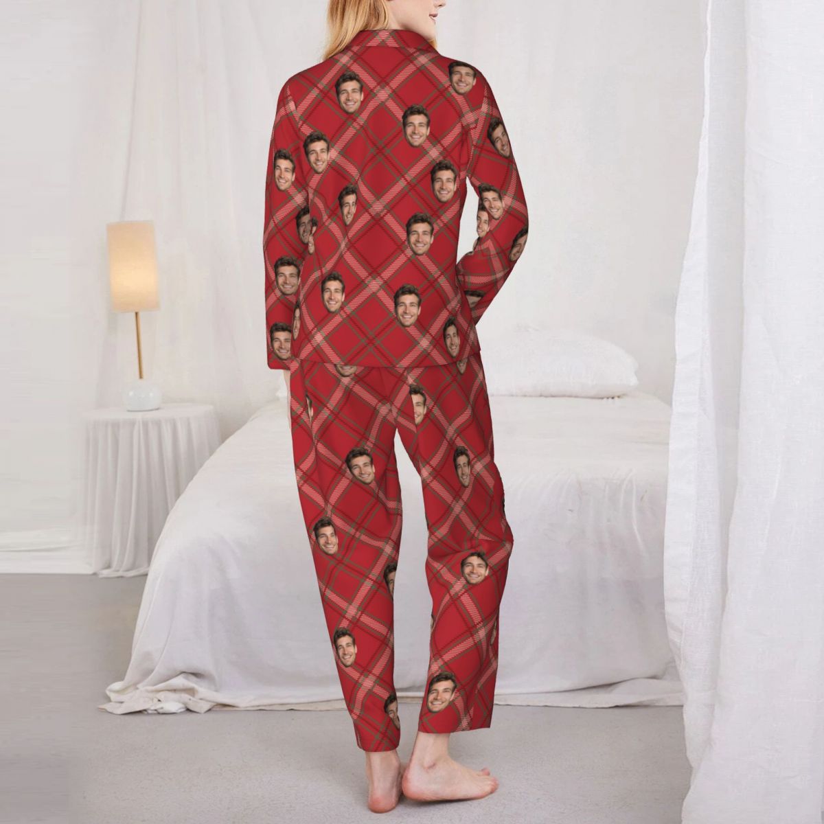 Custom Face Plaid Stripe Pattern Long Sleeve Cardigan Pajama Set - Red