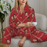 Custom Face Plaid Stripe Pattern Long Sleeve Cardigan Pajama Set - Red