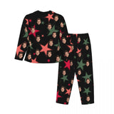 Custom Face Star Pattern Long Sleeve Cardigan Pajama Set - Black