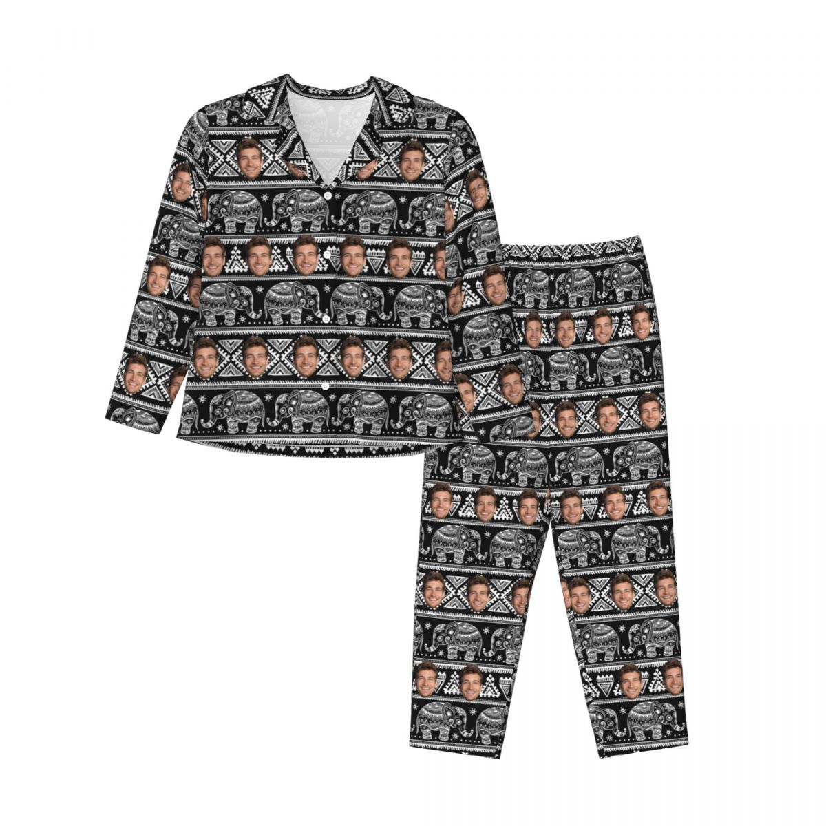 Custom Face Elephant Pattern Long Sleeve Cardigan Pajama Set - Black