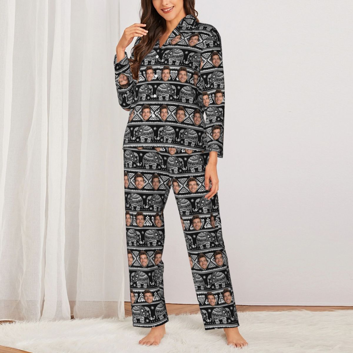 Custom Face Elephant Pattern Long Sleeve Cardigan Pajama Set - Black