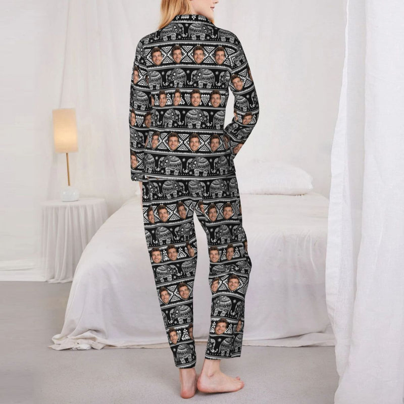 Custom Face Elephant Pattern Long Sleeve Cardigan Pajama Set - Black