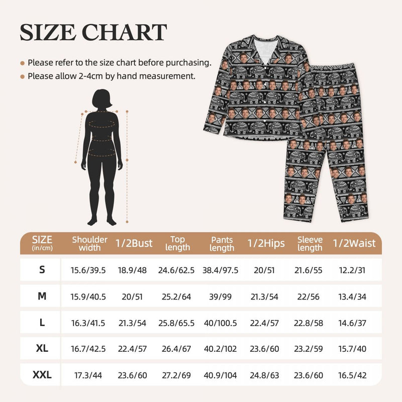 Custom Face Elephant Pattern Long Sleeve Cardigan Pajama Set - Black