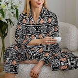 Custom Face Elephant Pattern Long Sleeve Cardigan Pajama Set - Black