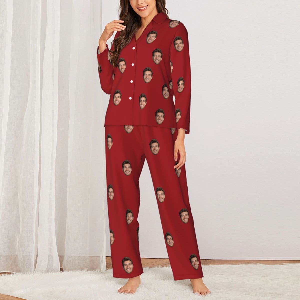 Custom Face Solid Color Long Sleeve Cardigan Pajama Set